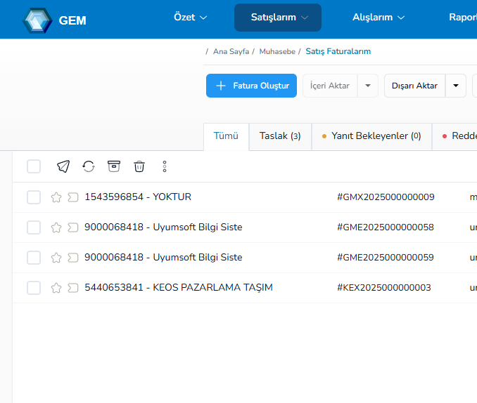 GEM satış faturalarım listesi